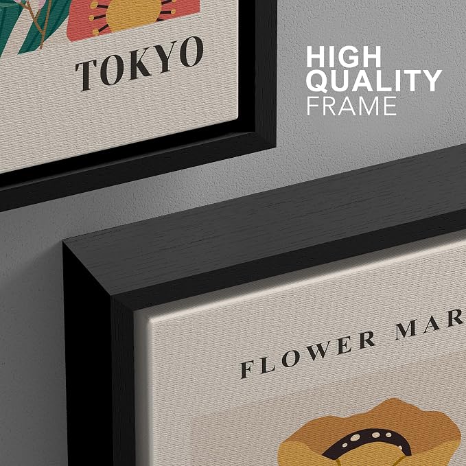 wall26 Framed Canvas Print Wall Art Set Colorful Flower Market Exhibition Prints Nature Wilderness Illustrations Modern Art Decorative Floral Botanical Minimal Calm for Bedroom - 24"x36"x3 Black