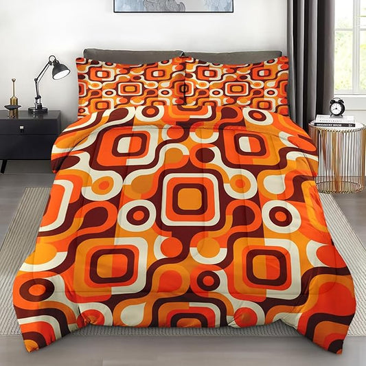Pamnest Comforter Set Full Size, 70S Retro Orange Soft Bedding for Kids and Adults, Abstract Brown Yellow Beige Comforter Set with 2 Pillowcases for Bedroom Bed Decor