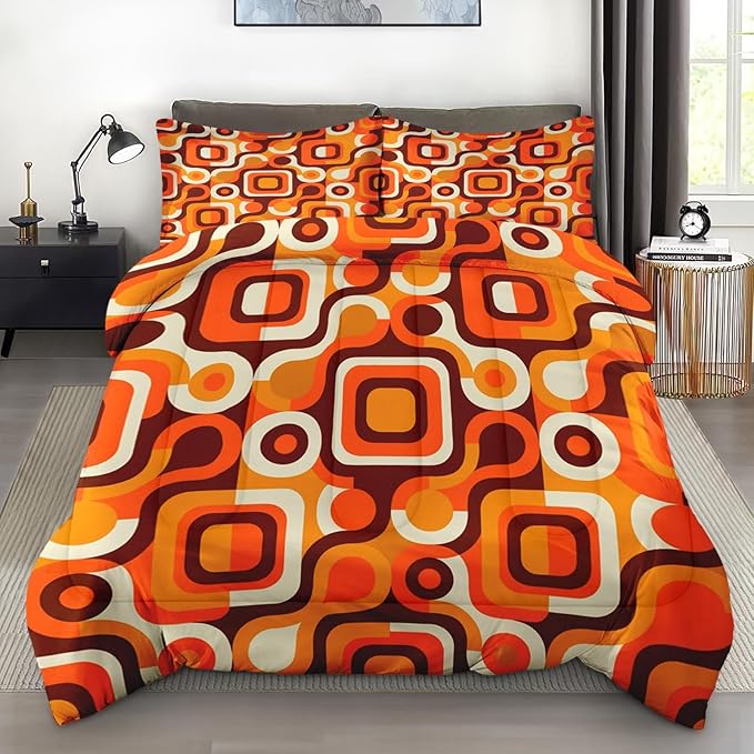 Pamnest Comforter Set Queen Size, 70S Retro Orange Soft Bedding for Kids and Adults, Abstract Brown Yellow Beige Comforter Set with 2 Pillowcases for Bedroom Bed Decor