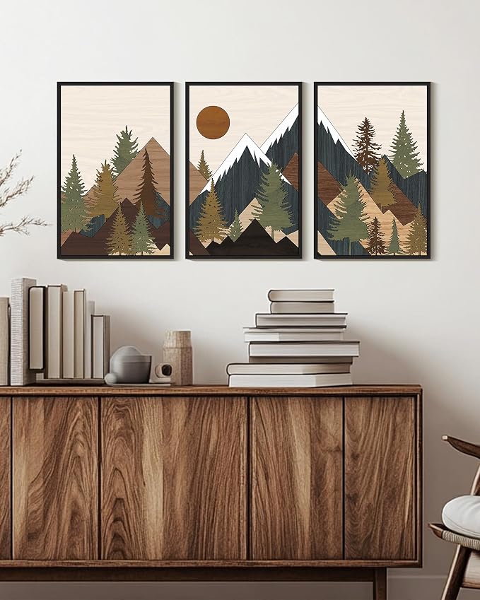 KUVIOKE Morden Mountains Framed Wall Art Boho Pine Tree Forest Nature Landscape Artwork Bohemain Farmhouse Rustic Bedroom Living Room Decor 16x24in (Black Framed)