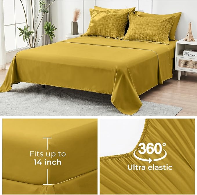 HYMOKEGE Mustard Yellow Twin Comforter Set Seersucker 5 Pieces, All Season Luxury Bed in a Bag for Bedroom, Bedding Set with Comforter, Sheets, Pillowcase & Sham