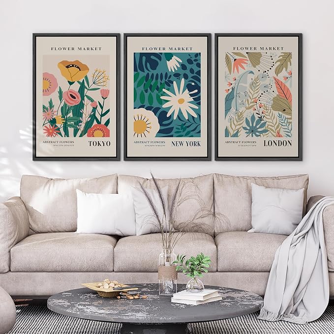 wall26 Framed Canvas Print Wall Art Set Colorful Flower Market Exhibition Prints Nature Wilderness Illustrations Modern Art Decorative Floral Botanical Minimal Calm for Bedroom - 24"x36"x3 Black