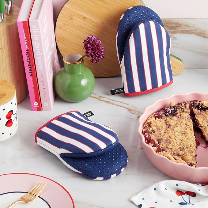 Kate Spade New York Botanical Stripe Mini Oven Mitt 2-Pack Set, 5.5" x 8", Navy Blue/Red