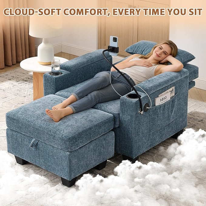Oversized Chaise Lounge Chair Indoor, Single Convertible Recliner Reading Arm Sofa Chair W/Adjustable Backrest & Charging Port Couch Bed for Living Room, Home Theater & Bedroom, Blue