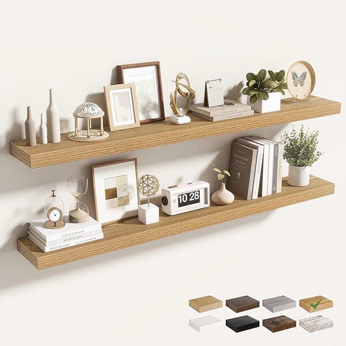 48 Inch Floating Shelves for Wall 2 Pack, 48" Wall Shelves for Books, Storage, Decor, Wall Mounted Floating Shelf with Invisible Brackets for Kitchen, Living Room, Light Brown