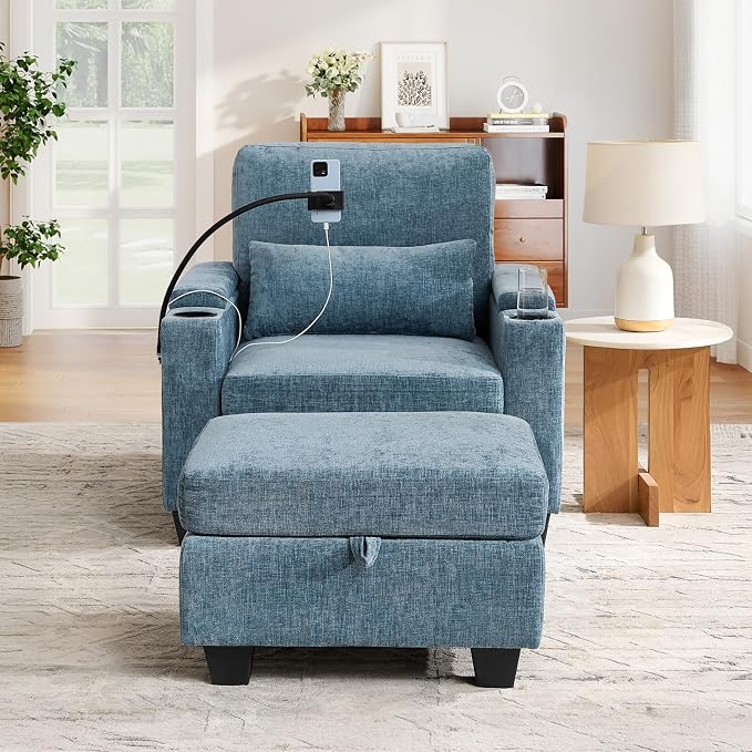 Small Chaise Lounge Chair Indoor with Ottoman&Adjustable Backrest,Chenille Tufted Recliner Comfy Sofa Chair with USB,Phone Holder&Storage Arms,Convertible Sleeper Couch Bed for Living Room(37"W,Blue)