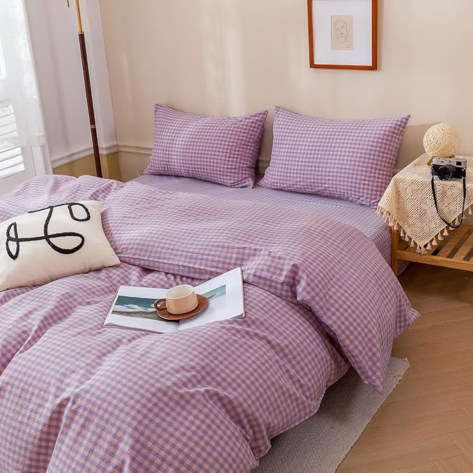 mixinni Purple Gingham Grid Duvet Cover Queen, 100% Washed Cotton Modern Geometric Bedding Set with 2 Pillowcases, Farmhouse Style Yellow Plaid Comforter Cover Set for Men & Women, Soft & Lightweight