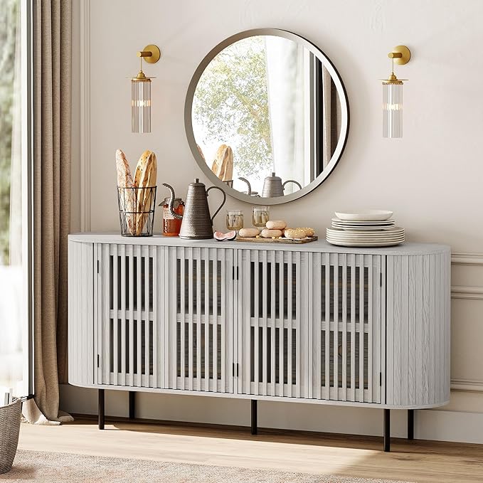 WAMPAT Sideboard Buffet Cabinet with 4 Fluted Doors, 64" Wood Accent Storage Cabinet with Curved Design, Mid-Centery Modern Credenza for Dining Room, Kitchen, Hallway, White Washed
