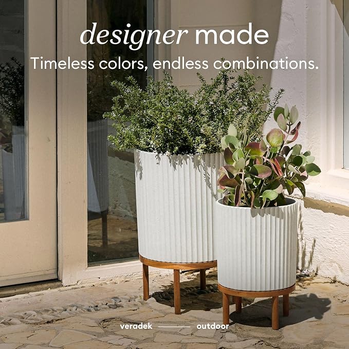 Veradek Demi Series Round Planter w/ Stand for Porch/Patio | Durable Plastic-Concrete & Wooden Stand | Modern Décor for Tall Plants, Flowers