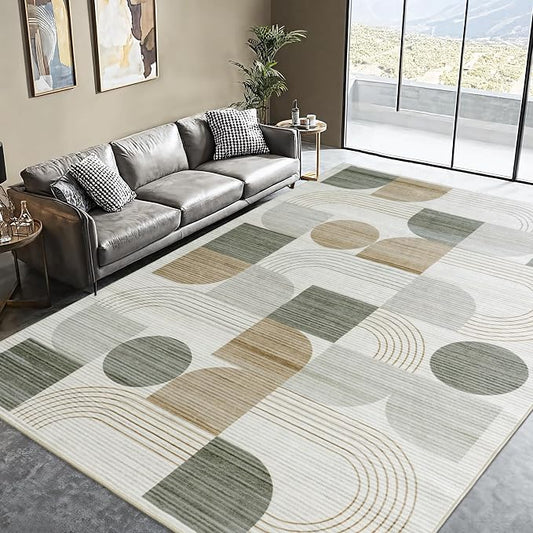 Large Machine Washable 4x6 Area Rug, Soft Modern Geometric Abstract Beige Rugs for Bedroom Living Room, Non-Shedding Faux Wool Indoor Throw Floor Carpet for Office Entryway Dining Room Decor