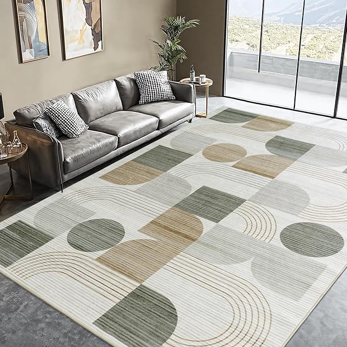 Large Machine Washable 9x12 Area Rug, Soft Modern Geometric Abstract Beige Rugs for Bedroom Living Room, Non-Shedding Faux Wool Indoor Throw Floor Carpet for Office Entryway Dining Room Decor