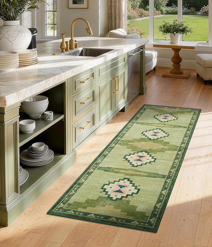 Green Hallway Runner Rug 2x6 Non-Slip, Washable Mid Century Modern Entryway Rug, Low Pile Runner Rug for Kitchen, Bedroom, Laundry Room
