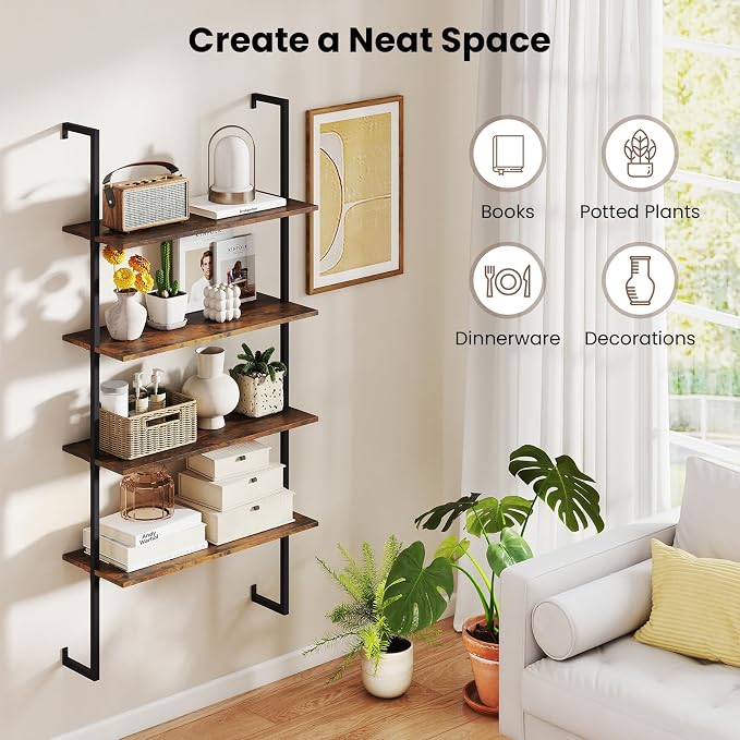 Tangkula 4-Tier Wall-Mounted Bookshelf, Industrial Floating Storage Display Shelves with Metal Frame, Wall-Mounted Ladder Wooden Bookcase for Living Room, Kitchen, Bar, Office (1, Brown)