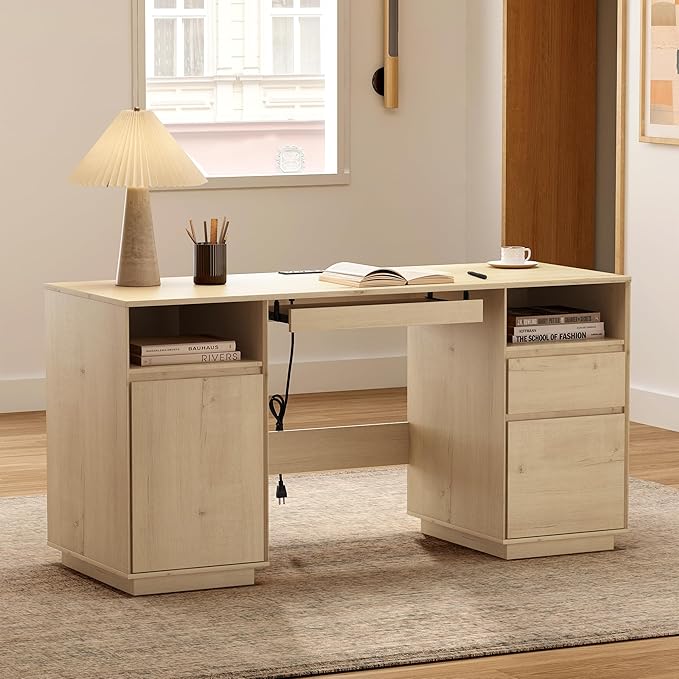 EYYTHUNG 59" Farmhouse Office Desk, Wide Home Executive Desk with File Drawer & Open Storage & Power Outlet, Wooden Computer Desk for Study Writing, Light Oak