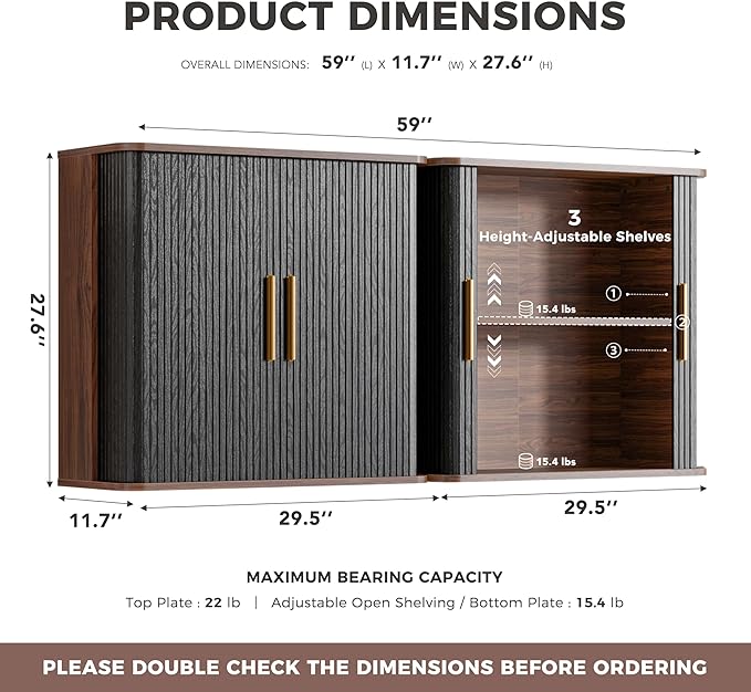 FIMELLO 59" W Laundry Room Cabinets Wall Mounted, Kitchen Wall Cabinet with Sliding Tambour Door, Floating Cabinet for Wall, Upper Cabinets, Hanging Wall Cabinets, Black Walnut