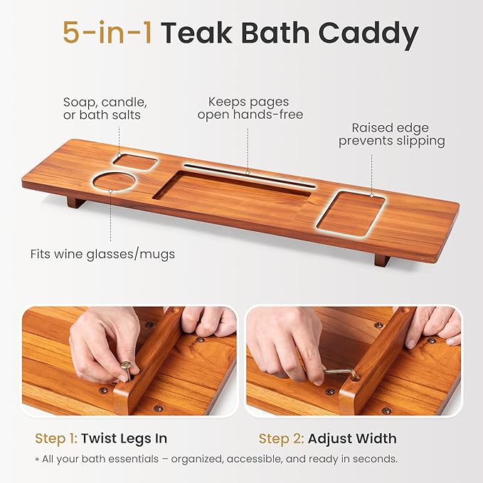 Teak Bathtub Tray Caddy - 35" Wide Adjustable Bathtub Table for Freestanding Tubs, Non-Slip Design with Phone/Wine Holder, Natural Bath Spa Essentials