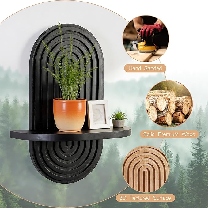 Set of 2 Boho Arched Floating Shelves 15.7”x 7.8”3D Wooden Hanging Shelf for Living Room Bedroom Nursery Mid Century Modern Wall Decor(Black, 11.7 * 15.7)