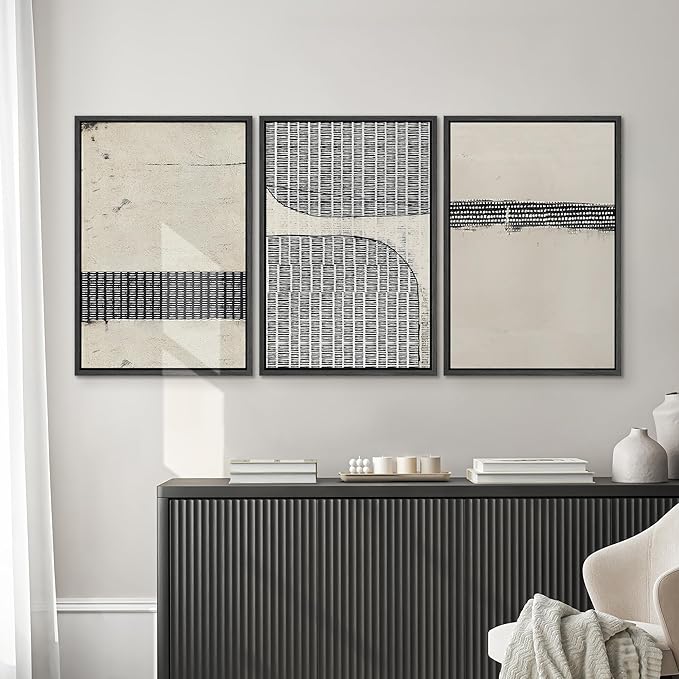 SIGNWIN Framed Canvas Print Wall Art Set Black Tan Grunge Grid Polygon Pattern Abstract Shapes Cozy Neutral Decorative Contemporary Minimal for Living Room, Bedroom, Office - 24"x36"x3 Black