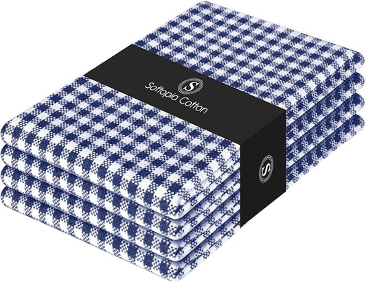 4 Pack Gingham Check Kitchen Dish Towels 16x26 Inches, Absorbent & Durable, Washable, Hand Tea Towels with Hanging Loop - Ideal for Restaurants & Home Kitchens, Blue White