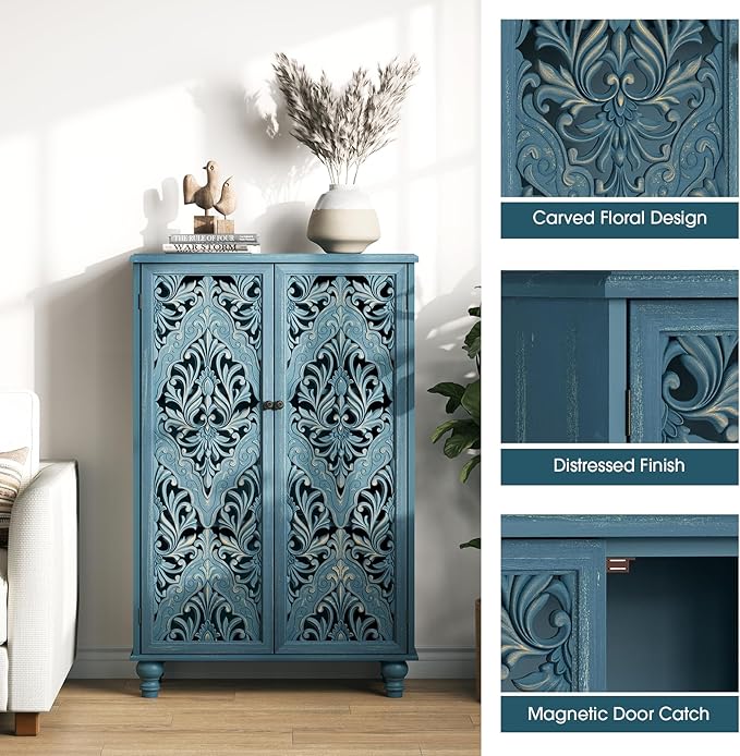 47" Tall Accent Cabinet with Navy Blue Mandala Carved Doors, Solid Wood Legs Storage Cabinet with 100 lbs Capacity, Boho Farmhouse Sideboard Buffet for Entryway, Living Room & Coffee Bar