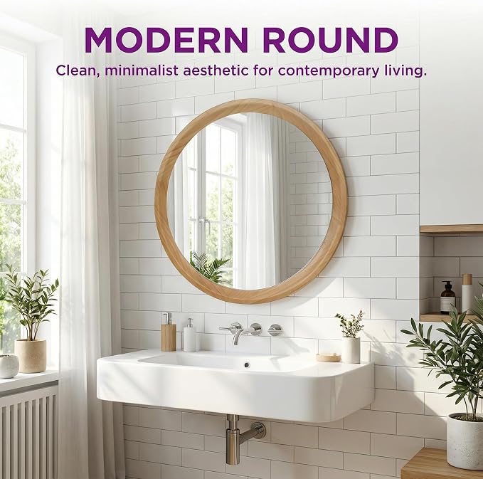 23.62'' Natural Wood Round Wall Mirror with Solid Wood Frame & Pre-Installed Hanging, Decorative Mirror with Large Reflective Surface for Bathroom Bedroom Living Room, Natural