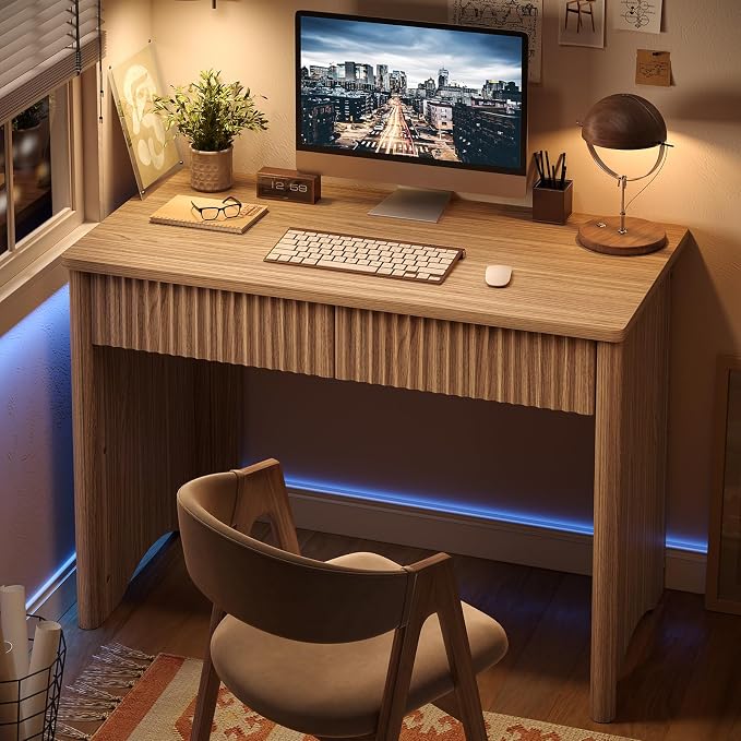 Bestier 40 Inch Fluted Wood Computer Desk with Drawers, Modern Home Office Desk, Compact Writing Desk, Laptop PC Desk for Bedroom, Studio, Study Room, Small Space & Dorm