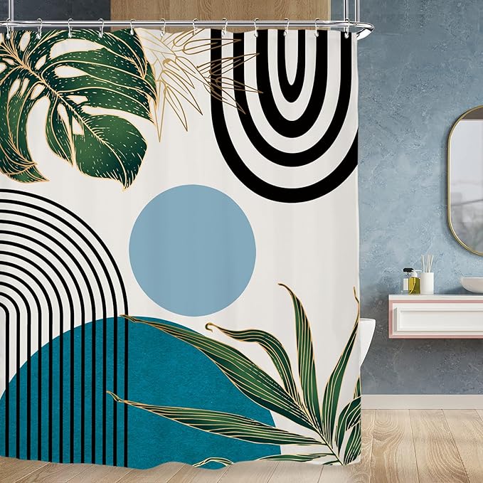 Miyotaa Abstract Teal Blue Shower Curtain Set 60Wx71H Inches Minimalist Aesthetic Modern Contemporary Geometric Plant Polyester Waterproof Cloth Bathroom Curtain with 12 Hooks