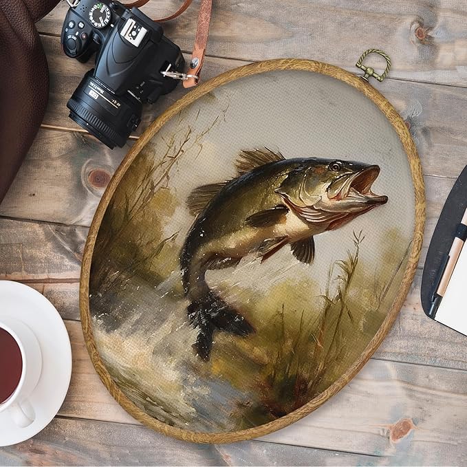 CGBHW Retro Fish Oval Wall Art Decor, Coastal Beach Canvas Prints Framed, Moody Fish Wall Art Hanging Decor for Kitchen Dining Room Beach Home Decorations, 8.6x11.4 Inch