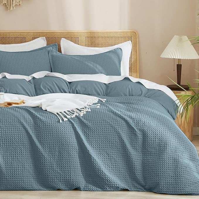 PHF Waffle Duvet Cover Set King Size, No Snagging Ultra Soft Luxury Textured Breathable Comforter Cover for All Season 3pcs, Durable Bedding Duvet Set with 2 Pillow Shams, 104"x90", Stormy Blue