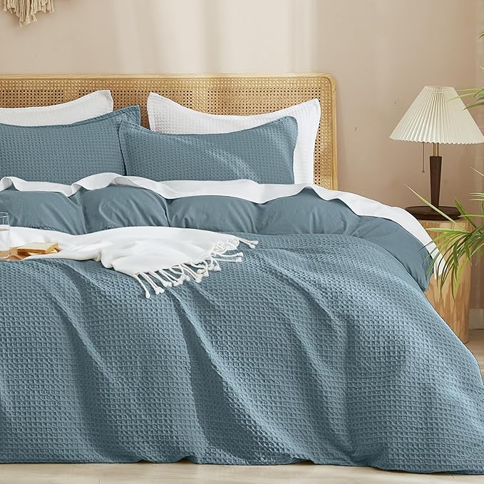 PHF Waffle Duvet Cover Set Queen Size, No Snagging Ultra Soft Luxury Textured Breathable Comforter Cover for All Season 3pcs, Durable Bedding Duvet Set with 2 Pillow Shams, 90"x90", Stormy Blue