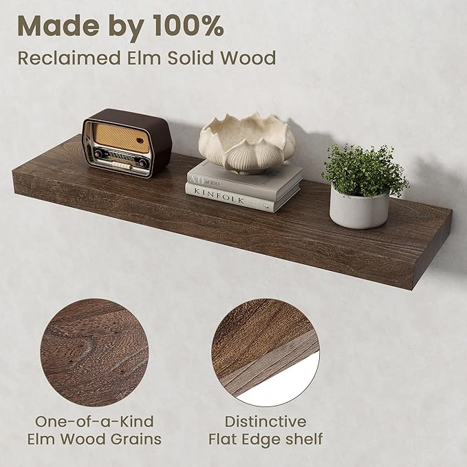 Fun Memories Solid Elm Wood Floating Shelves Set of 2-32 Inch Rustic Wall Shelves with Heavy-Duty Invisible Brackets - for Living Room, Kitchen, Bedroom, Bathroom - Walnut Finish