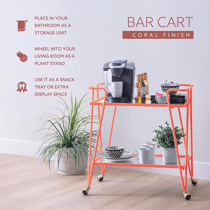 Gina Coral Mid-Century Bar Cart with Mirrored Shelves and Locking Wheels by Linon