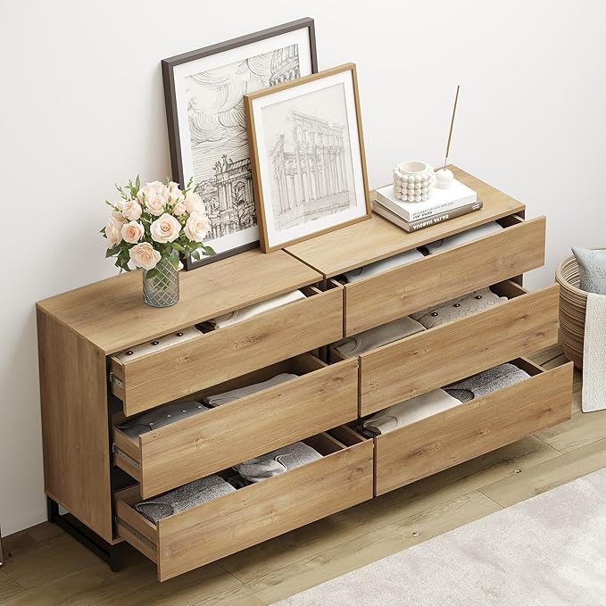 WAMPAT Dresser for Bedroom, Closet Organizers and Storage with 6 Drawers, Chest of Drawers with Metal Base, Modern Wood Dresser for Living Room, Bedroom,Oak