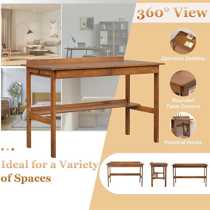 Solid Wood Writing Desk with Drawers, 47" Mid Century Modern Desk, Vintage Home Office Computer Desks and Storage Shelf, Wooden Study Table for Bedroom Small Spaces, Study Makeup Workstation, Walnut