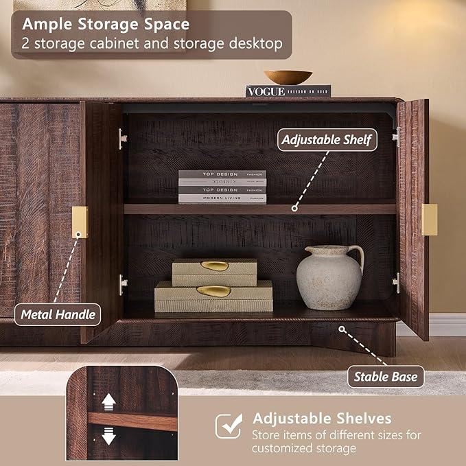 Modern Buffet Cabinet with Storage, 70" Large Sideboard Buffet Storage Cabinet with 4 Doors and Adjustable Shleves, Wooden Curved Coffee Bar for Dining Room, Kitchen, Living Room, Brown