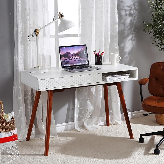 Small White Writing Desk, 42.5 Inch Mid Century Modern Office Desk with Storage, Multifunctional Wooden Study Table Computer Table for Bedroom, Living Room, Home Office