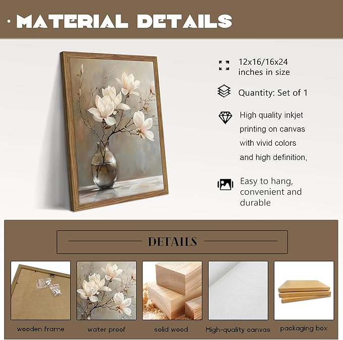 Framed Flower Canvas Wall Art, White Magnolia Branch in Vase Poster Prints, Elegant Nature Still Life Botanical Artwork, Modern Minimalist Wall Decor for Living Room Bedroom Bathroom 12x16in