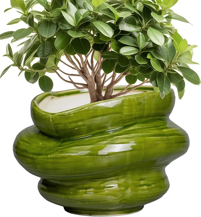 Ceramic Planters Bonsai 10.6 Inch - Planters with Drainage Hole, Flower Pots for Indoor Plants Outdoor Plants, Large Plant Pot for Home Decor, Gift for Men Women, Green