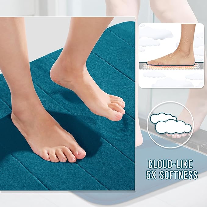 Yimobra Memory Foam Bath Mat, Super Soft Absorbent Bathroom Rug Non Slip, Quick Dry, Machine Washable Floor Carpet for Tub Shower, Home Decor Accessories, 24x17, Peacock Blue