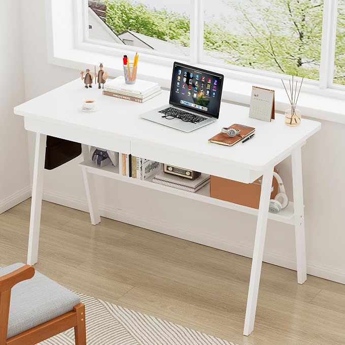 Solid Wood Desk with Drawers - 47.2 Inch Writing Desk with Drawers & Storage Shelf, Simple Modern Study Table, Home Office Computer Desks for Bedroom & Home, White Desks
