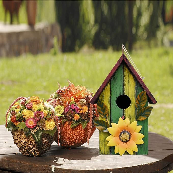 Rustic Decorative Bird House for Outside, Outdoor Hanging Wood Hand-Painted Bird House with Sunflower Decor, Wooden Hanging Garden Birdhouse Porch Yard Decor 9.37"X6.38"X4.25" (Red & Blue)