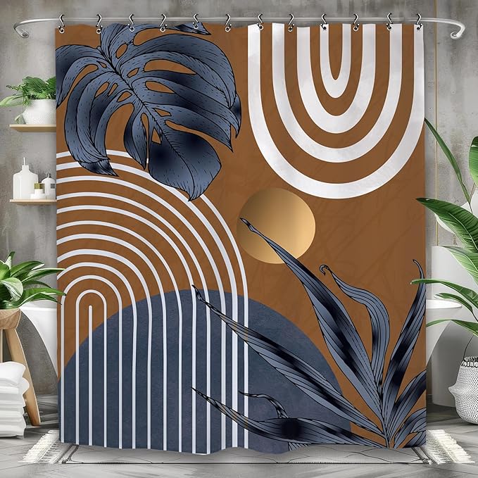 Yookeb Abstract Navy Blue Brown Bathroom Shower Curtain 60W by 71H Inch Modern Minimalist Mid Century Plant Leaves Aesthetic Neutral Vintage Contemporary 12 Plastic Hooks Waterproof Decor