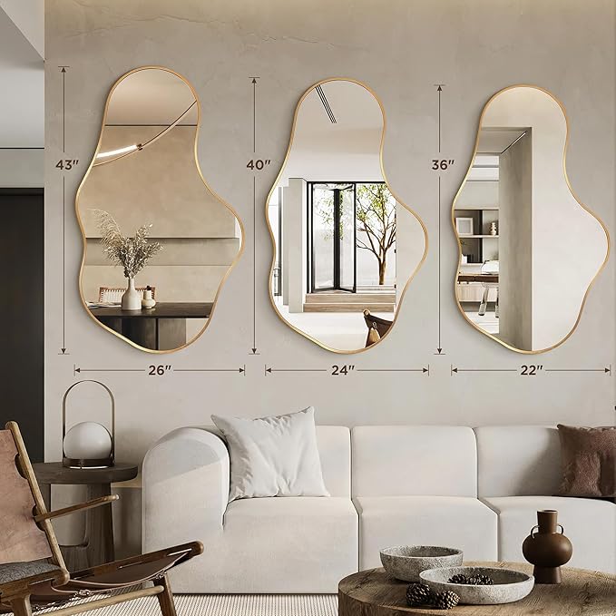 Irregular Wall Mirror - Wall Mirrors Decorative 24"x 40" Asymmetrical Abstract Mirror Aviation Aluminum Alloy Frame Unique for Bathroom, Bedroom, Living Room, Cloakroom, Entryway Gold