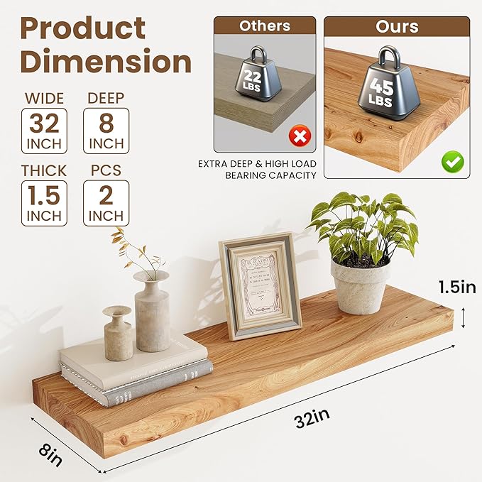 Extra Deep 32" Long Rustic Solid Wood Floating Shelves for Wall, Wall Shelves with Invisible Bracket for Living Room Bathroom Bedroom Kitchen, Set of 2, Walnut