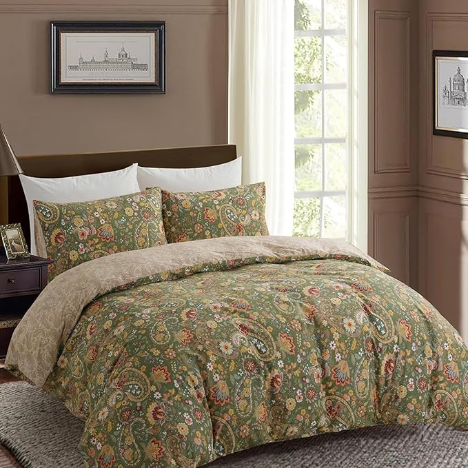 Cozeline 100% Cotton Duvet Cover King Size, Green Paisley Pattern Bedding Set with Zipper Closure, 3 Pcs Bohemian Breathable and Soft Duvet Cover for All Season