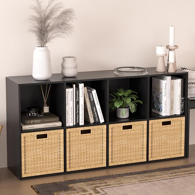 Wooden 8 Cube Storage Organizer with Closed Back Panel,Black Cube Shelf Cubby Storage Organizers with Compartments for Living,Bookshelf,Organizers Easy to Install (Black, 8 Cube)