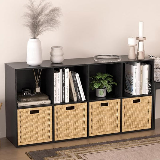 Wooden 8 Cube Storage Organizer with Closed Back Panel,Black Cube Shelf Cubby Storage Organizers with Compartments for Living,Bookshelf,Organizers Easy to Install (Black, 8 Cube)