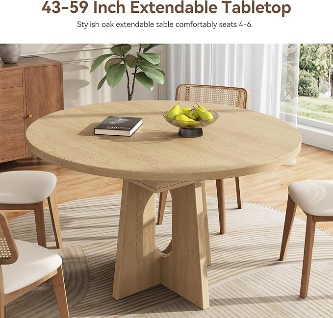 59-Inch Extendable Round Dining Table for Dining Room, 4-6 People Farmhouse Oval Wood Expandable Kitchen Dinner Table with Heavy Cross Pedestal for Living Room, Apartment, Light Oak
