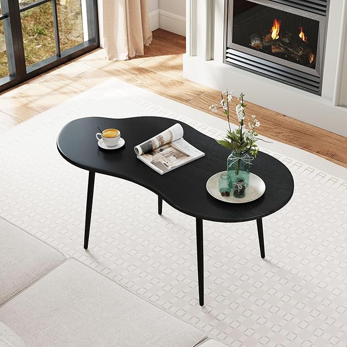 Giantex Small Coffee Table, 39.5" Cloud Center Table with Metal Frame, Unique Irregular Accent Cocktail Tea Table, Modern Wood Coffee Table for Living Room, Small Spaces (Black)