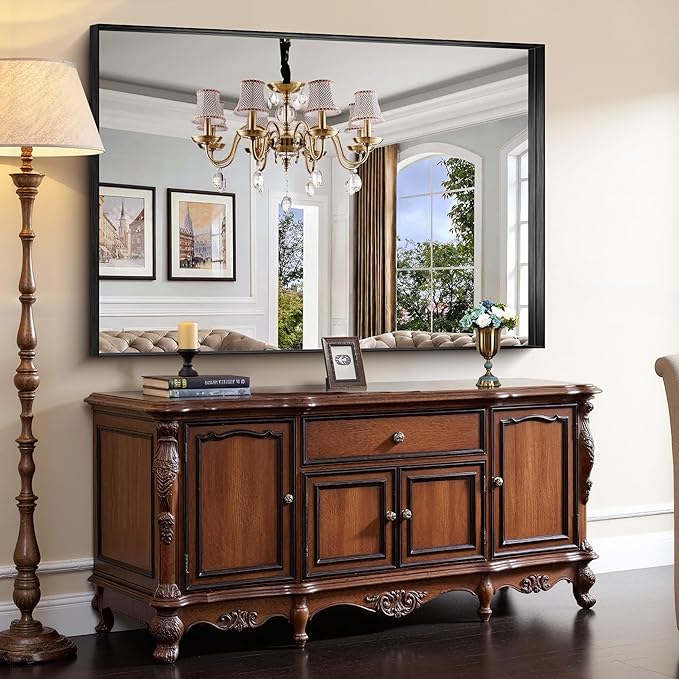 CIRCUMI Black Bathroom Mirror, 60"x40" Rectangular Mirror with Deep Metal Frame, Brushed Finish, Tempered Glass, Large Mirror for Wall, Over 2 Sinks, Installed Vertically/Horizontally, Crystal-Clear